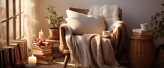 A cozy bohemian armchair nestled in a sunlit corner, with a stack of books and a warm knit throw adding comfort to the inviting seating area.