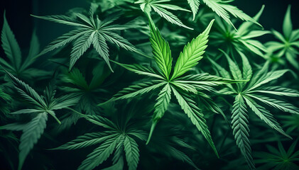 Fototapeta premium Fresh Green Cannabis Leaves Close-up, Professional Marijuana Foliage Background for CBD Branding and Medical Marketing