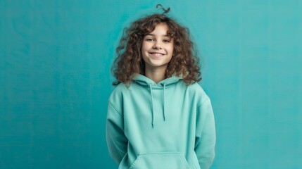 Fototapeta premium cheerful young young girl in clothes, simple teal background color for copy text space, wide screen for ads and banners