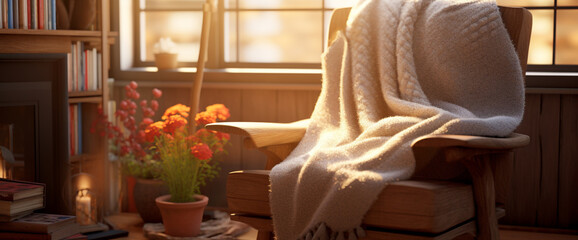 A cozy bohemian armchair nestled in a sunlit corner, with a stack of books and a warm knit throw adding comfort to the inviting seating area.