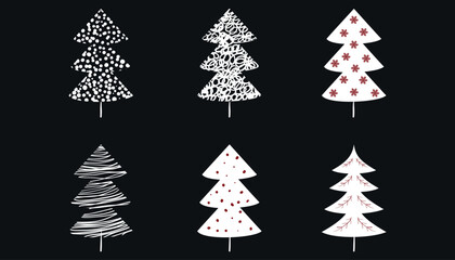 A set of decorative Christmas trees. 6 pieces. Vector on black background