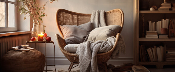 A cozy bohemian armchair nestled in a sunlit corner, with a stack of books and a warm knit throw adding comfort to the inviting seating area.