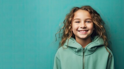 Fototapeta premium cheerful young young girl in clothes, simple teal background color for copy text space, wide screen for ads and banners
