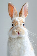 Obraz premium Cute white rabbit portrait isolated on gray background. Close-up of adorable fluffy bunny. Easter symbol concept. 