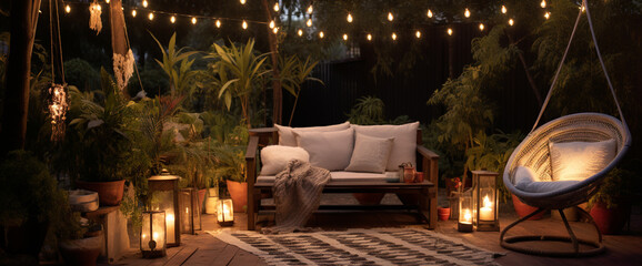 A cozy bohemian armchair positioned beneath a canopy of string lights, creating a magical outdoor seating area for stargazing and relaxation.