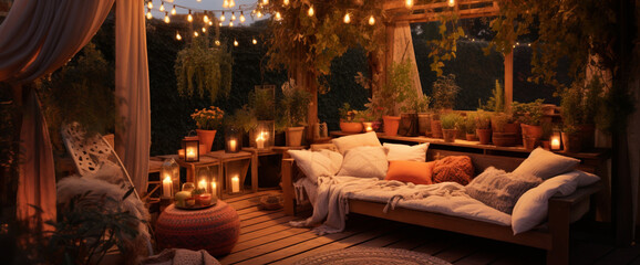 A cozy bohemian armchair positioned beneath a canopy of string lights, creating a magical outdoor seating area for stargazing and relaxation.