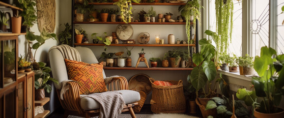 A cozy boho armchair nestled in a corner alcove, surrounded by shelves filled with plants and bohemian-inspired d?(C)cor for a nature-infused retreat.
