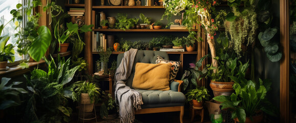 A cozy boho armchair nestled in a corner alcove, surrounded by shelves filled with plants and bohemian-inspired d?(C)cor for a nature-infused retreat.