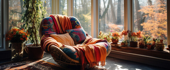 A cozy bohemian armchair nestled in the corner of a sunlit room, surrounded by floor-to-ceiling windows offering views of nature's beauty.
