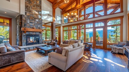 Fototapeta premium Modern Mountain Lodge Living Room with Stunning View