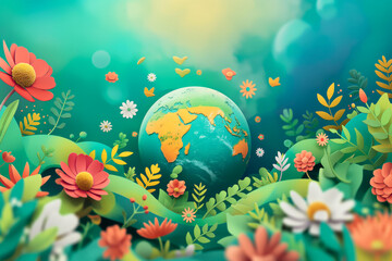 Beautiful illustration with 3D flowers and Earth Planet on green background. 