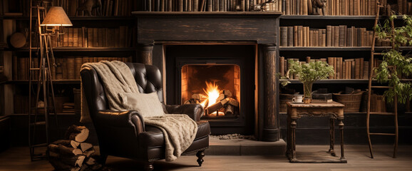 A cozy boho armchair positioned in front of a roaring fireplace, with shelves filled with books and quirky d?(C)cor adding character to the room.