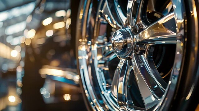 A macro shot of a glossy chrome alloy wheel highlighting the mirrorlike finish and shine that adds a touch of glamour to any car.
