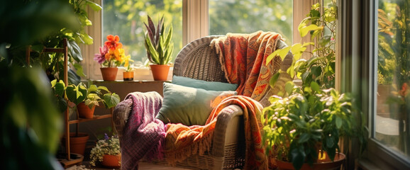 A cozy boho armchair placed next to a sunlit window, adorned with colorful throw pillows and surrounded by lush green plants.