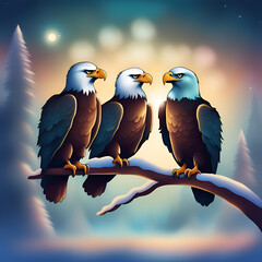 THREE BEAUTIFULL EAGLES SITTING ON A BRANCH