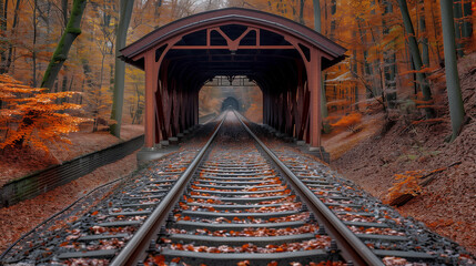 Railway Tunnel Through Vibrant Autumn Forest..