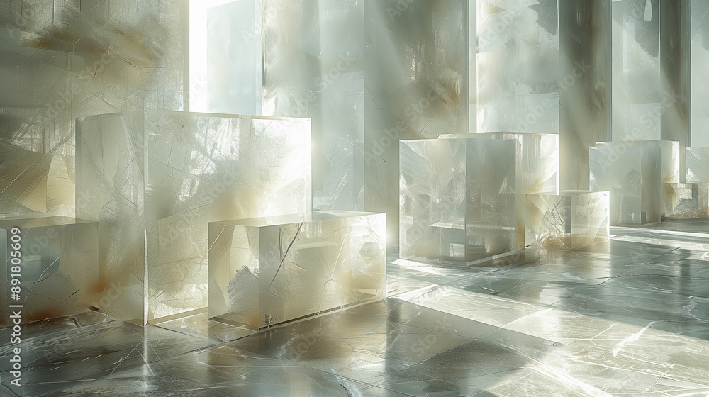 Poster ethereal light and glass structures in abstract space..