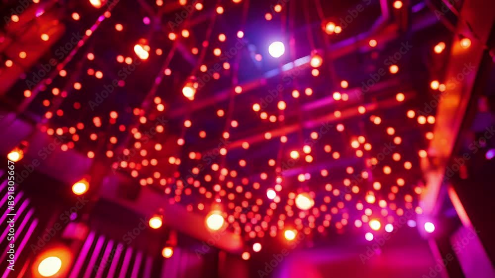 Poster a view of the studios ceiling hung with strings of ling lights for a magical ambiance during perform