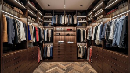 Obraz premium A walk in closet with a wooden floor and lots of clothes, AI