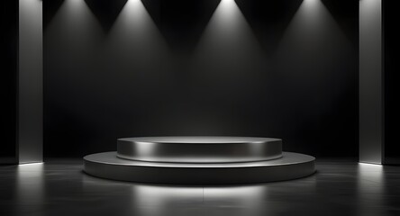 Blank silver template podium black 3d background of presentation pedestal stage studio platform or empty metal stand abstract product display space showcase scene and luxury showroom on dark backdrop.