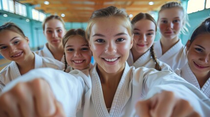 Cheerful Girls in Karate Uniforms Taking a Selfie