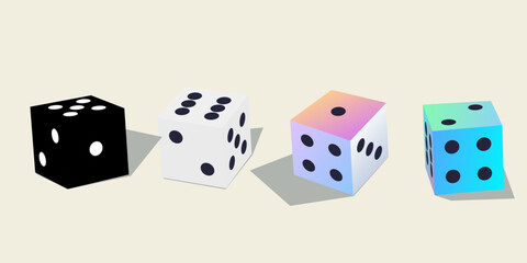 Gambling dice. Set of polyhedral game cubes white, black, colorful in isometric view. To play in casino, roll dice from one to six points with random numbers. Good luck concept. Vector illustration
