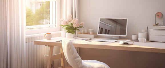 A cozy corner featuring a minimalist white computer table bathed in soft, ambient light. The simple, uncluttered design creates an atmosphere of calm and focus.