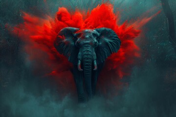 Elephant with red powder explosion background. Hindu festival of the colors, Holi Celebration. Banner, wallpaper