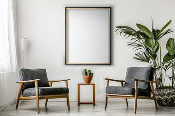 A white room with two chairs and a potted plant.
