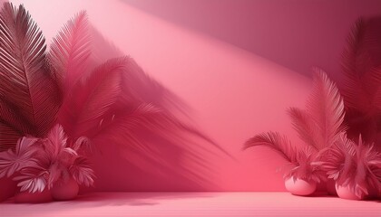 Obraz premium A bold pink gradient studio with the exaggerated shadows of tropical plants and flowers, creating a dynamic and striking background for avant-garde fashion or artistic products.