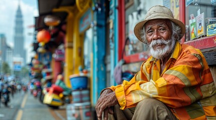 Obraz premium An old Asian man sits on the sidewalk.