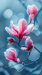 Dew-Kissed Pink Magnolia Flowers with Bokeh in Gentle Morning Light.