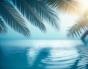 Close-up shadows of palm fronds on the water, blurred backgrounds and banners containing areas of replicated space. Soft blue style for summer concept.