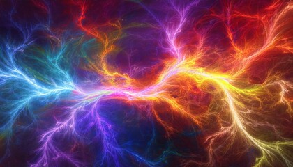 Naklejka premium Colorful lightning background, red yellow blue purple lightning effects, colorful thunderstorm, Rainbow lightning effect. electric texture, banner