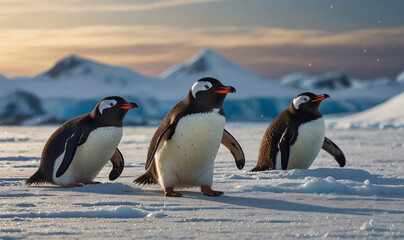 Obraz premium Joyful Group of Penguins Sliding on Their Bellies Down an Icy Slope, Flippers Outstretched in a Frozen Landscape