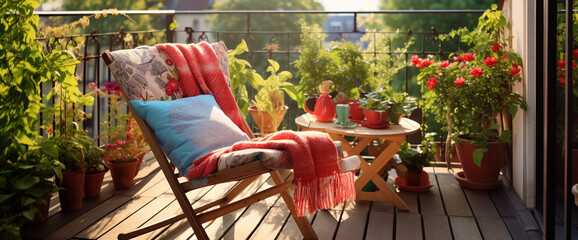 A laid-back bohemian armchair nestled on a sun-drenched balcony, with potted plants and colorful cushions creating a vibrant outdoor retreat.