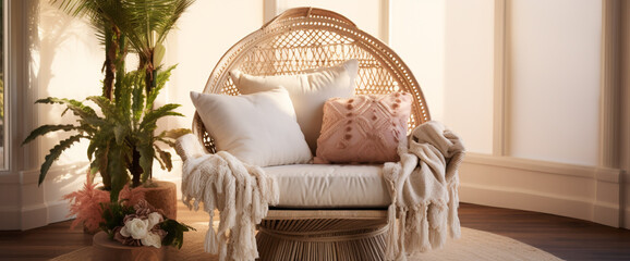 A dreamy boho armchair adorned with macram?(C) accents and plush cushions, creating a serene reading nook bathed in soft light.