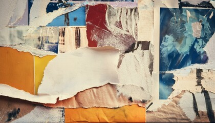 Old ripped torn posters textures backgrounds grunge creased crumpled paper vintage collage placards empty space text backdrop surface. copy space