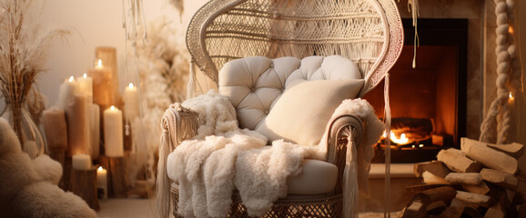 A dreamy boho armchair adorned with macram?(C) accents and plush cushions, creating a serene reading nook bathed in soft light.