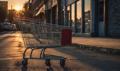 Solitary shopping cart on empty street at sunrise. © Heruvim