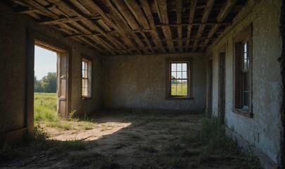 Sunny abandoned room with open door in rural setting