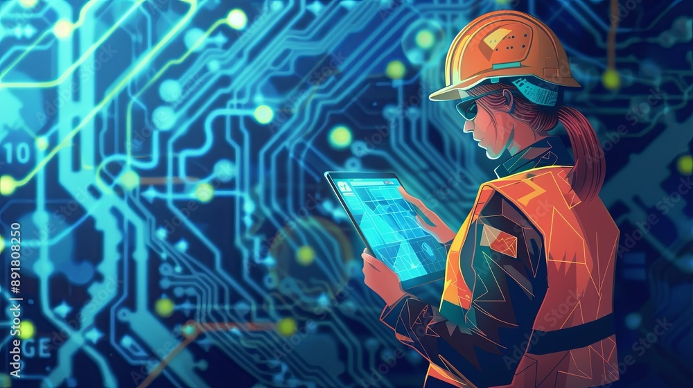 Aufkleber engineer using tablet in front of blue circuit board background