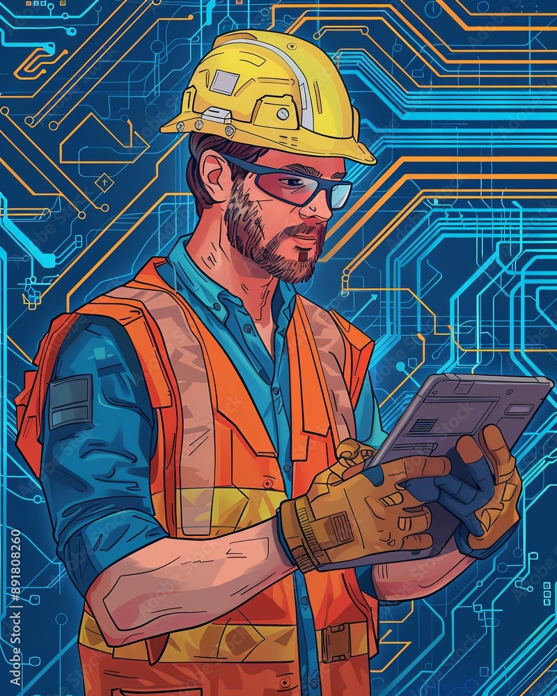 Poster Modern Engineer Using Tablet in High-Tech Environment