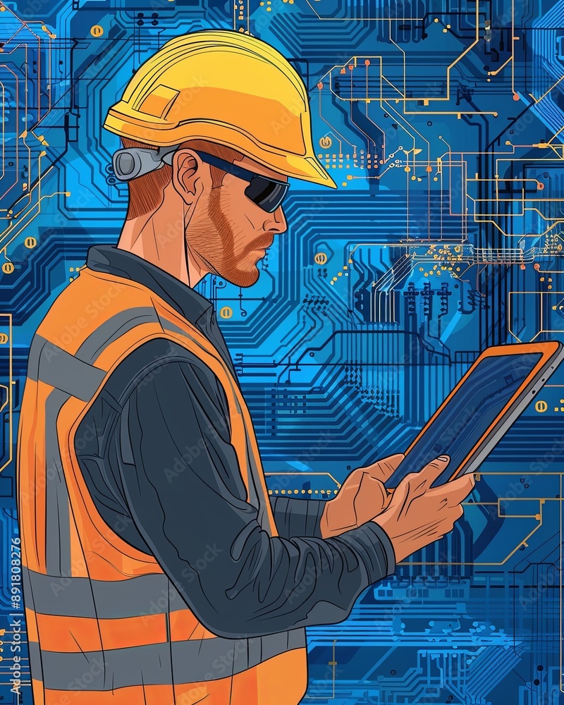 Aufkleber Construction Engineer Using Tablet in Front of Circuit Board Background
