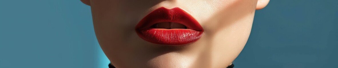 Obraz premium Close-up of woman’s face with red lips and freckles against turquoise background.