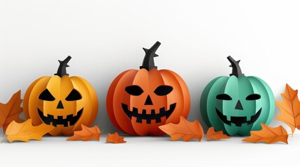 three halloween jack-o-lanterns images in layered paper cut style, white background, orange, black, green , copy space