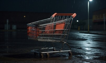 Lonely shopping cart in an empty, wet parking lot at night © Heruvim