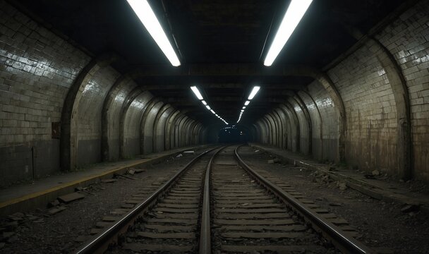 Dimly lit underground tunnel with train tracks and lights.