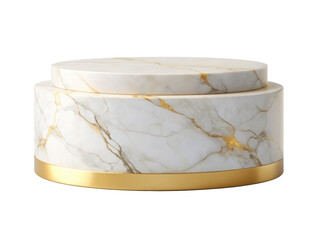 A double tier marble pedestal with gold trim. This elegant and sophisticated pedestal is perfect for adding a touch of luxury to any space. Isolated on transparent background, png.