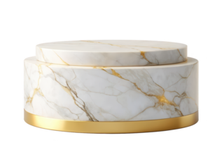 A double tier marble pedestal with gold trim. This elegant and sophisticated pedestal is perfect for adding a touch of luxury to any space. Isolated on transparent background, png.